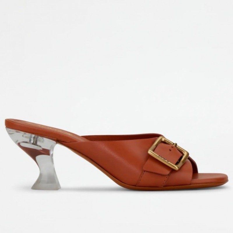 Tod's Brown Leather Sandals With Resin Heel